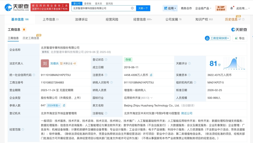 智譜AI完成新一輪增資，注冊資本增至4458.4萬元，發力數字內容制作服務
